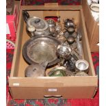 A box of silver plate items to include Mappin & Webb ornamental peacocks, teapots, tableware etc.