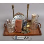 A wooden serving tray and assorted glass and metalwares etc including barbola mirror, Kodak