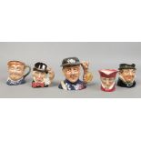 Five miniature Royal Doulton character jugs; Fireman D7215, Mad Hatter D6602, Fat Boy, Captain