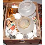 A box of miscellaneous to include oil lamp shades. Hornsea pottery, cut glasswares, Wedgwood trinket