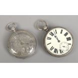 Two silver cased pocket watches one with silver dial, the other enamel.