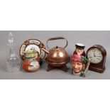 A mixed group to include Royal Doulton, Masons, mahogany mantel clock, copper kettle etc.