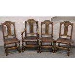 A set of four carved oak dining chairs to include one carver.