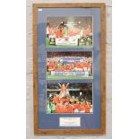 A framed set of three pictures from Manchester United's treble winning season 1999.