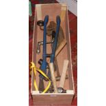 A box of hand tools including record bolt croppers, record pipe cutter, hammers etc.