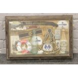 A display case of maritime collectables to include photograph, advertising bottles, pin badges etc.