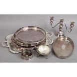 A collection of silver plate to include Viners serving tray, candelabra etc.