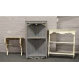A collection of painted furniture to include wall rack, hall mounted corner cupboard and wall