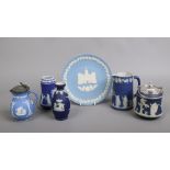 A quantity of mostly Wedgwood blue Japserware including vases, commemorative plate, sugar bowl etc.