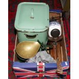 A box of kitchenalia including an enamel bread bin and a set of scales and weights.