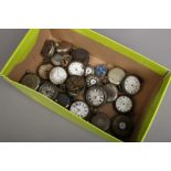 A box of mixed pocket watches and fob watches for spares or repair.