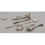 A quantity of silver spoons including examples along with a pair of Georgian sugar tongues, gross