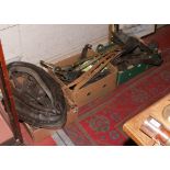 Three boxes of horse tack including a collar, haynes etc, along with a quantity of horse brasses.