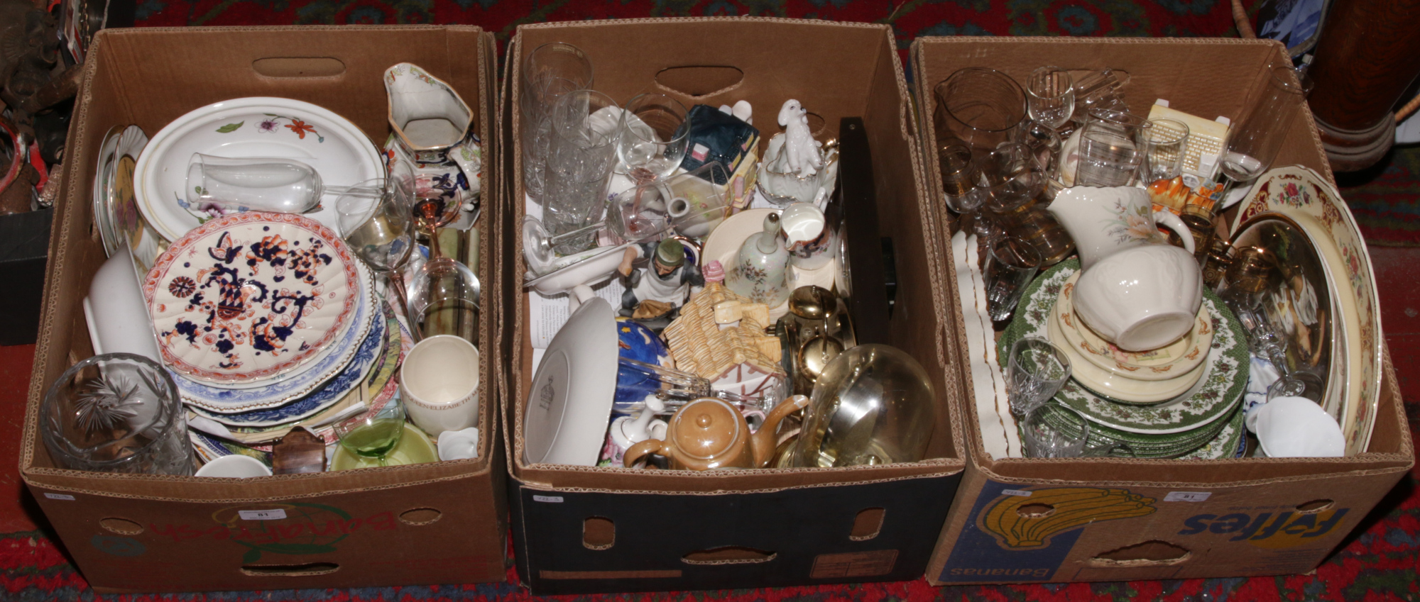 Three boxes of miscellaneous to include mantle clocks, Bunnykins ash tray, commemorative wares,