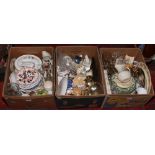 Three boxes of miscellaneous to include mantle clocks, Bunnykins ash tray, commemorative wares,