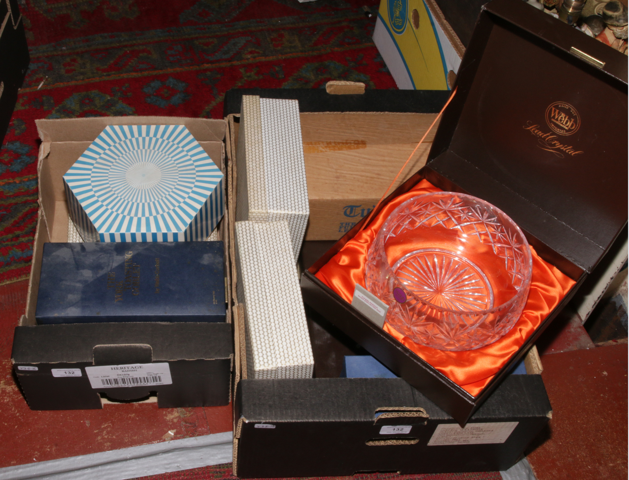 Two boxes of boxed crystal glassware to include Webb, Stuart crystal etc.