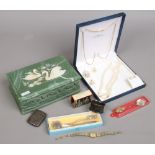 A marlestone box and contents of collectables and costume jewellery including silver vesta case,