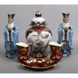 A small group of ceramics to include glazed clay figures, lidded jar, Crown Devon , Carltonware