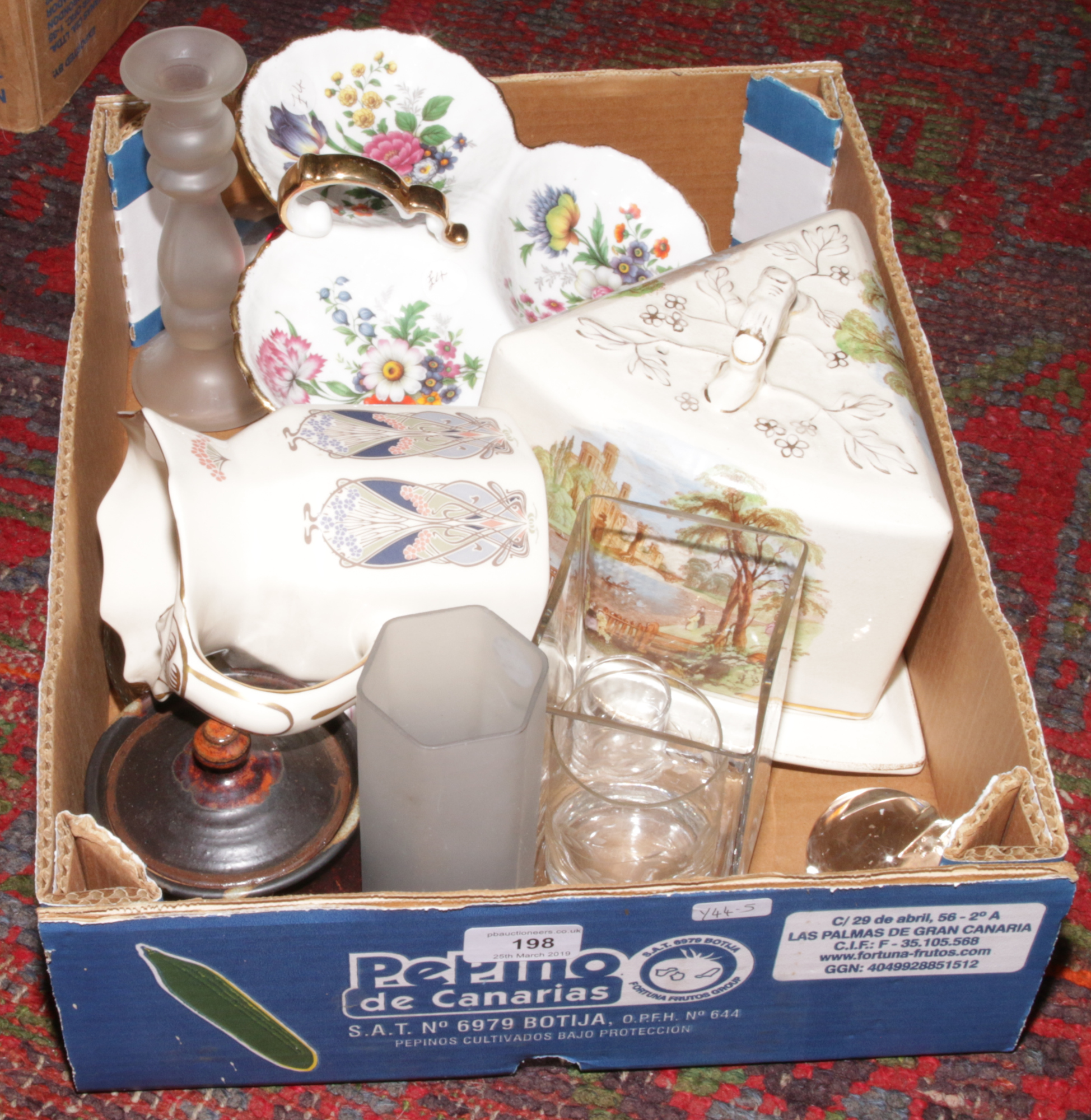 A small box of collectable ceramics and glass Masons Liberty Ianthe design jug, Wedgwood shaped