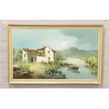 A signed oil on canvas study of cottage and lake scene signed Oscar.
