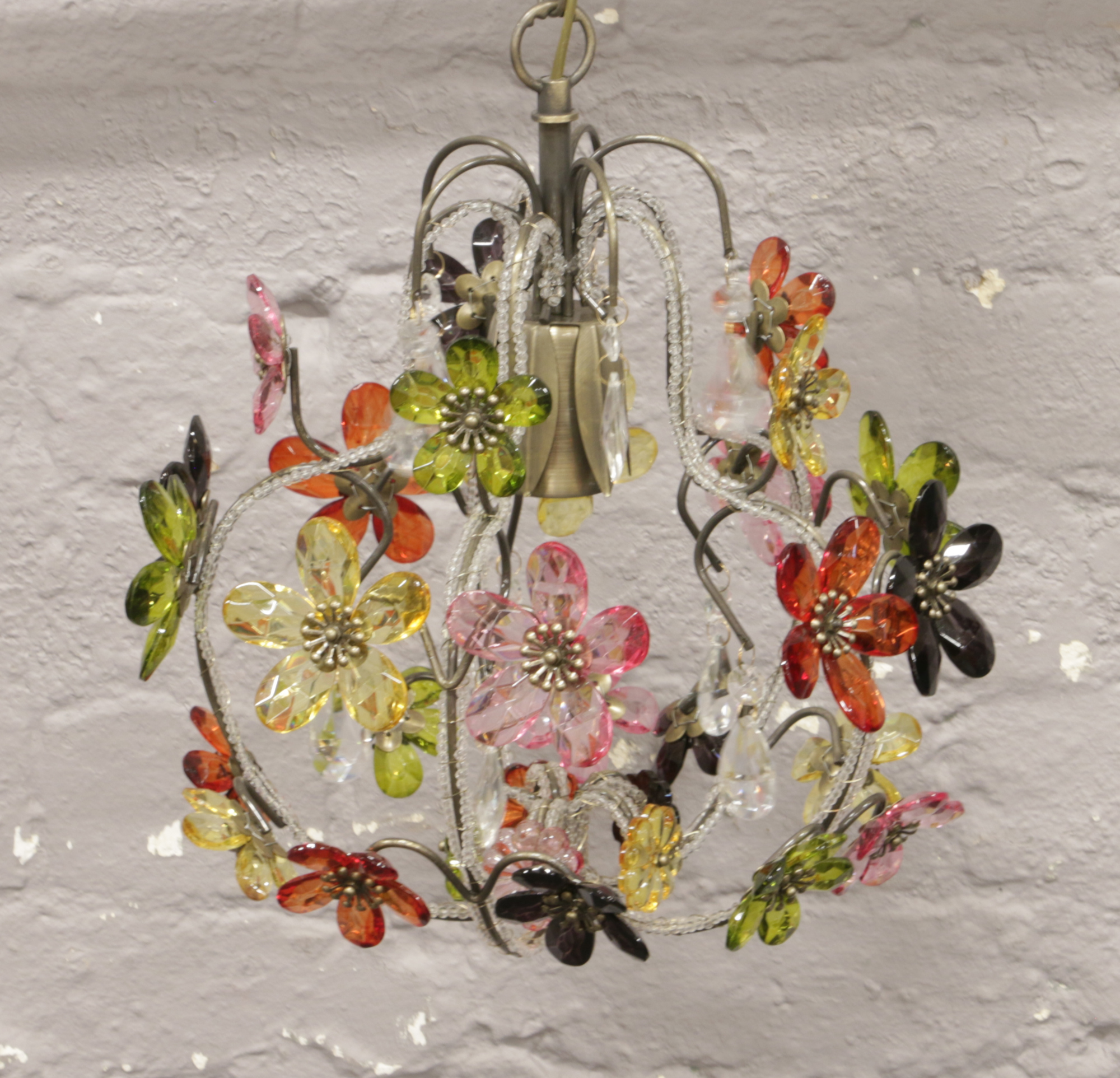 A Laura Ashley five branch ceiling light with cut glass droplets and coloured glass flower heads.