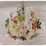 A Laura Ashley five branch ceiling light with cut glass droplets and coloured glass flower heads.