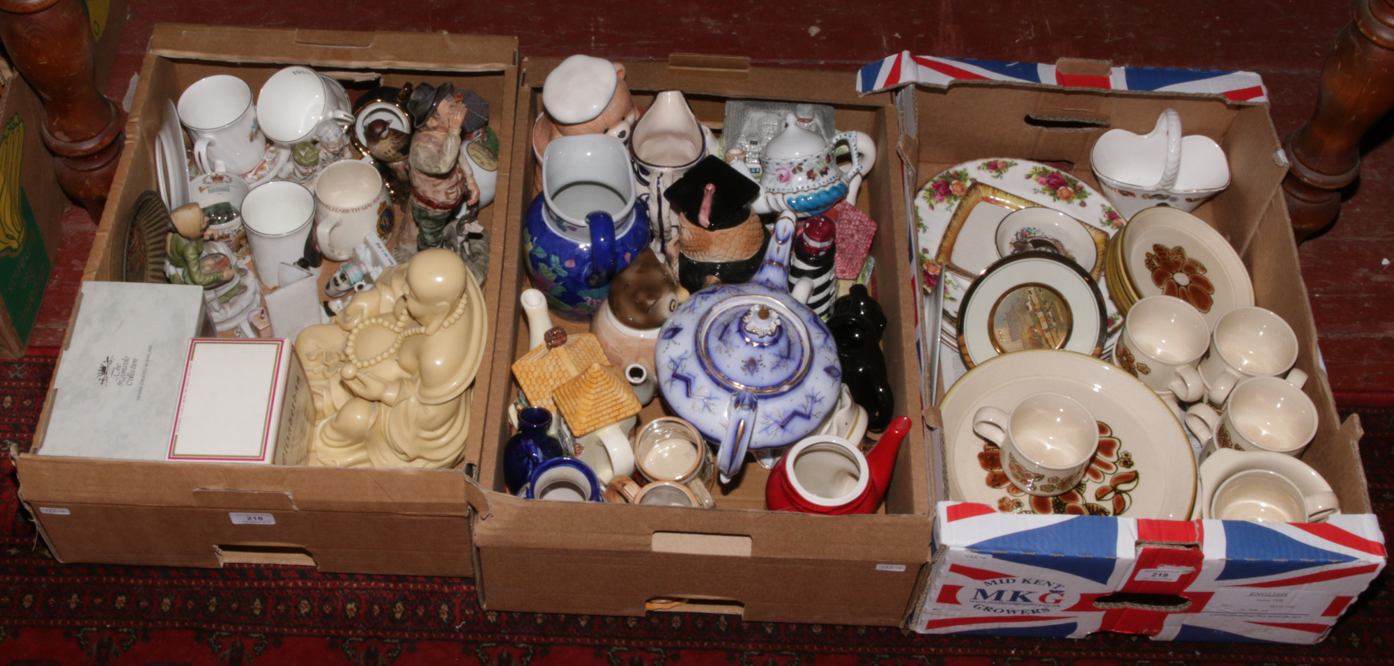 Three boxes of miscellaneous to include large ornamental Buddha, commemorative ceramics, Royal