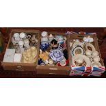Three boxes of miscellaneous to include large ornamental Buddha, commemorative ceramics, Royal
