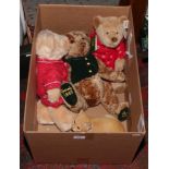 A box of collectable teddy bears including a Harrods example, along with a ceramic model of a