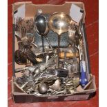 A box of silver plated flatwares including Jasperware handled salad servers, cased sets, mustard