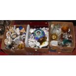 Three boxes of miscellaneous to include Cooper Craft dog, novelty tea pots, Whisky decanters,