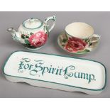 A Wemyss rectangular tray inscribed For Spirit Lamp along with a Wemyss bachelors teapot and cover