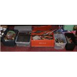 Six boxes of various hand tools including vintage wolf electric drill sander, spanners, hammers,