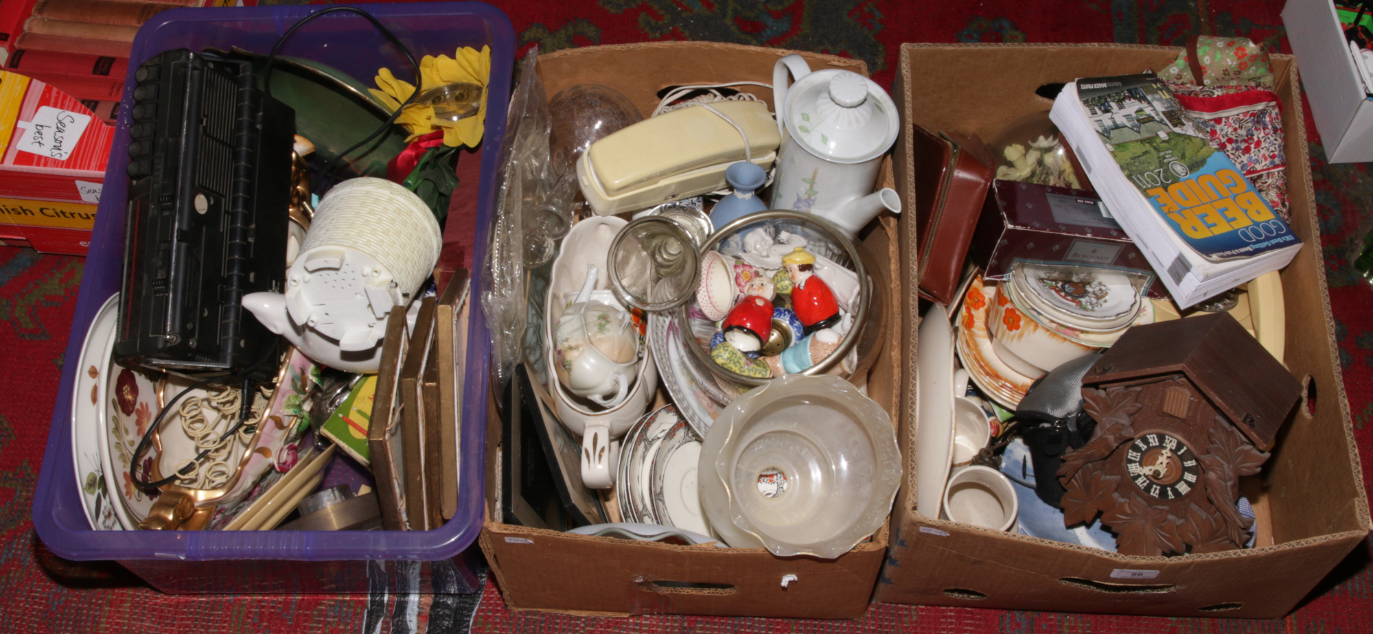 Three boxes of miscellaneous to include cuckoo clock, Masons, Wedgwood, Rotary telephone etc.