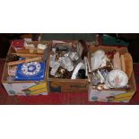 Three boxes of miscellaneous to include cabinet plates, brass candlesticks, Chesterfield wall
