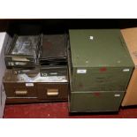 Three small vintage metal filing cabinets including two Veteran Series examples (lacking handles)