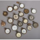 A box of assorted pocket watches for spares or repair.