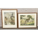 Two continental school framed watercolours signed indistinct, one a rural scene and the other a city