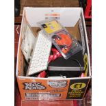 A box of miscellaneous to include gear 4 phone charger / speaker, Apple mouse and keyboard,
