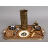 A tray of collectables including a Robert Thompson Mouseman ashtray, late 20th century portrait