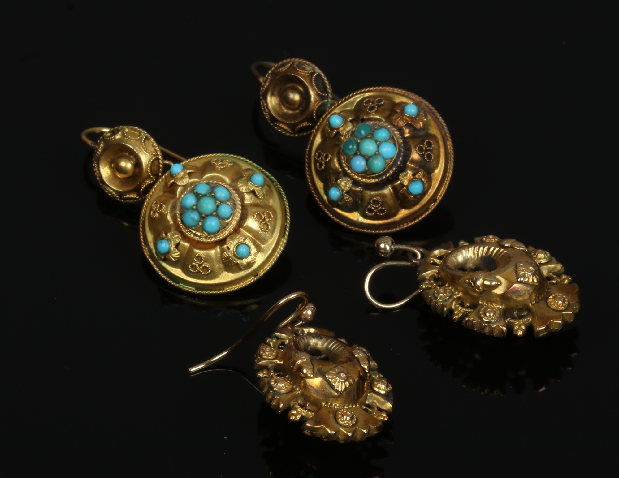 A pair of 19th century pinchbeck and canatielle earrings with turquoise cabochons and a similar pair