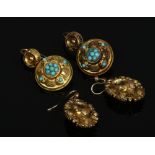 A pair of 19th century pinchbeck and canatielle earrings with turquoise cabochons and a similar pair