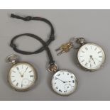 Three silver cased pocket watches each with subsidiary dials, along with two watch keys, spares or