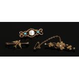 A 9ct gold knot brooch set with a mabe pearl flanked by turquoise along with two other yellow