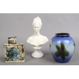 A Troika style vase, composite bust and a studio pottery vase.