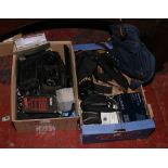 Two boxes of photographic equipment to include boxed Panasonic DMC-F27, Canon Powershot SD1000,
