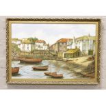 Alan Fox, gilt framed oil on canvas. Harbour scene with a fisherman. Inscribed to the rear, Port