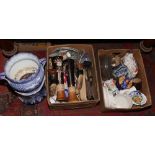 Two boxes of miscellaneous to include Aynsley vase, Royal Crown Derby blue and white dishes,
