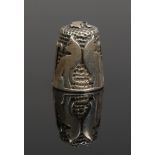 A cast silver thimble decorated with cats and a mouse.