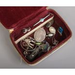 A vintage jewellery case and contents of early 20th century and later silver items including a